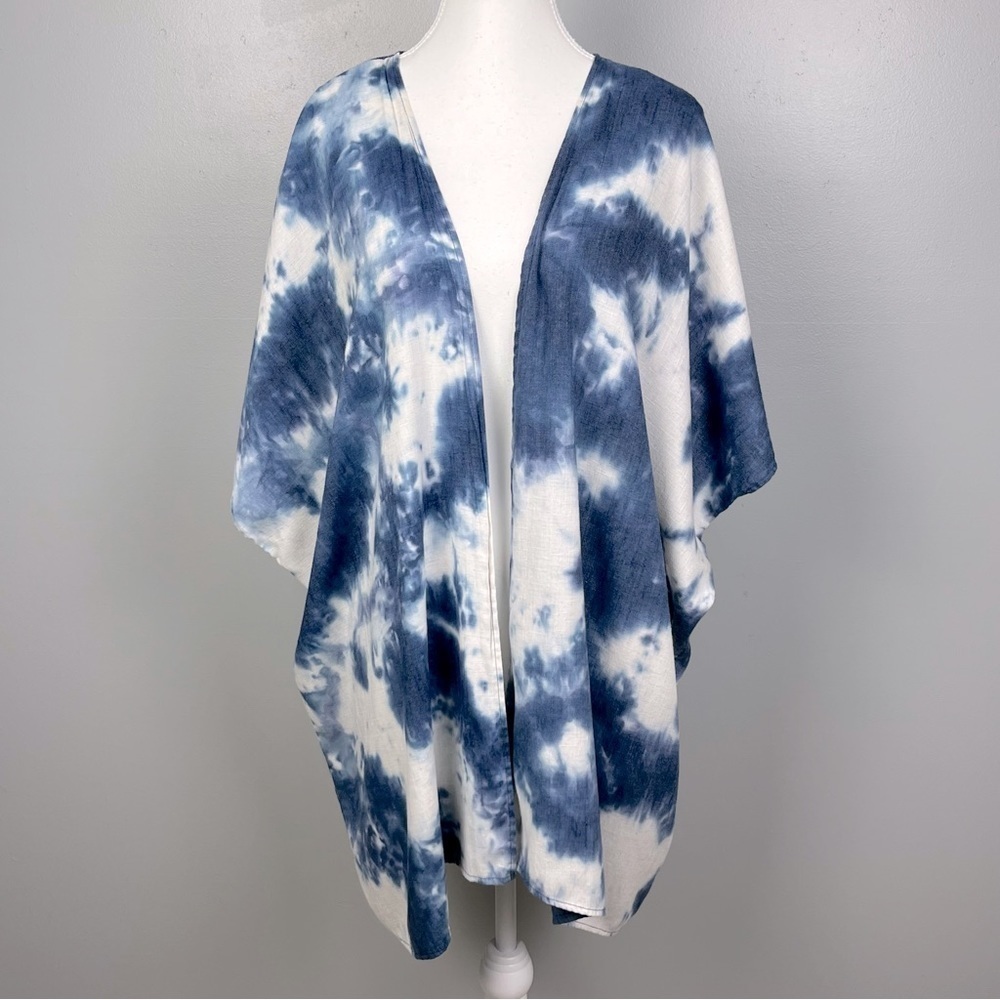 Umgee blue white tie dye cotton poly blend open front boho kimono, size S/M.
